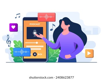 Female character listen to podcast on smartphone screen flat illustration vector template, Webinar concept, online course or tutorial, Radio, Webcast live, Streaming podcast, Online education