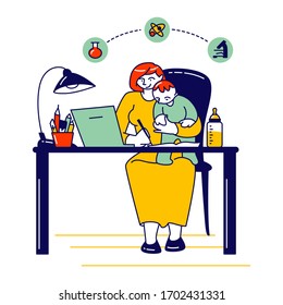 Female Character with Little Baby on Hands Sitting at Desk with Laptop Studying Online. Mother Learning Homework Gaining Distant Education in University or College. Linear People Vector Illustration