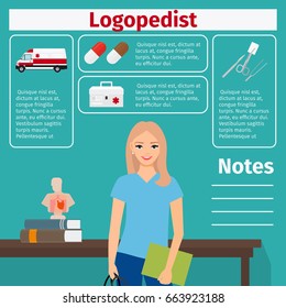 Female character of logopedist and medical equipment icons with infographics elements for medical and pharmaceutical industry