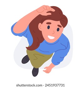Female character look upwards. Cartoon woman top view, girl saw something in sky view from above, lady looking up flat vector illustration. Surprised person staring up svg