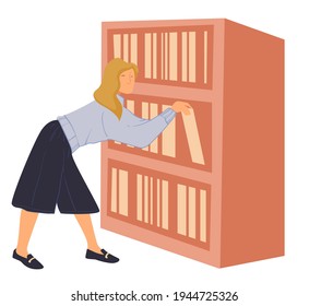 Female character looking for book on shelf in shop or store, public library. Woman bookworm studying new disciplines. Student preparing for exam, bookcase with textbooks. Vector in flat style