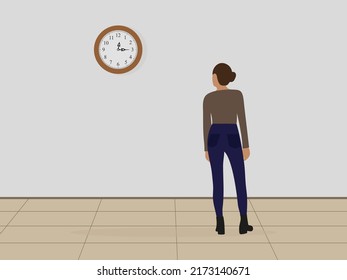 Female character looking at the clock hanging on the wall