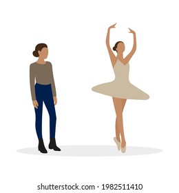 Female character looking at a dancing ballerina on a white background