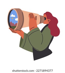 Female character looking at distant objects through telescope. Woman using optical instruments for zooming in and watching on nature and landscapes. Observation and pastime. Vector in flat style