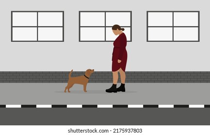 Female Character Looking At A Dog On The Sidewalk