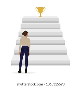 Female character looking at the golden cup standing at the top of the stairs