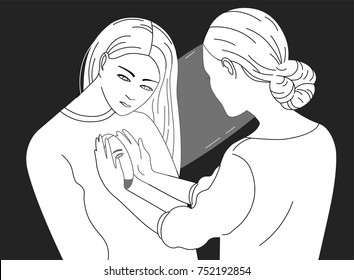 Female character looking inside another woman. Concept of psychotherapy, psychoanalysis, psychotherapeutic work, psychological aid, mental health care. Vector illustration in black and white colors.