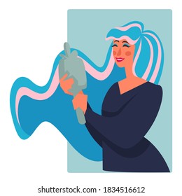 Female character looking in mirror and smiling, woman satisfied after beauty salon procedures. Cheerful girl with fair complexion, confident personage with smile on face, vector in flat style