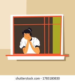 Female character looking out of window expressing boredom. Sad or depressed personage staying at home during coronavirus quarantine and city lockdown, young lady in apartment vector in flat style