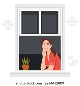 Female character looking outside window during coronavirus outbreak quarantine. Boredom and sadness at home. isolation of woman. Lady watching streets. Flat vector