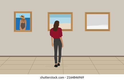 Female character looking at paintings hanging on the wall