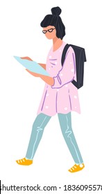 Female character looking at paper reviewing material for classes, lessons or exams. Student wearing glasses preparing for university or college. School girl with backpack walking, vector in flat style