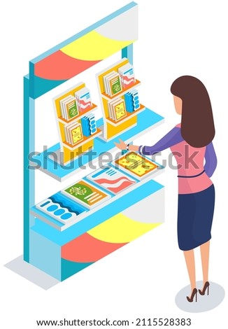 Female character looking at presentation stand with product samples. Advertising company, promotion, distribution concept. Woman choosing catalogs, books, literature. Lady near magazines on rack