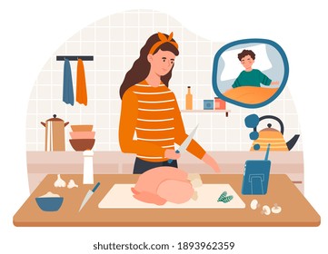 Female character is looking at screen video of her baby child sleeping while cooking chicken. Concept of two way communication of babysitter and kid using the device. Flat cartoon vector illustration