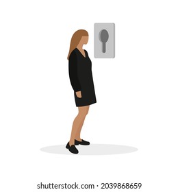 Female character looking through a huge keyhole on a white background