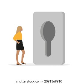 Female character looking through a huge keyhole on a white background