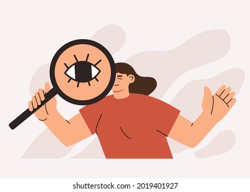 Female character looking through magnifying glass or loupe. Concept of search or research, development, web surfing. Hand drawn vector colorful funny cartoon style illustration. 