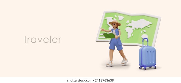 Female character is looking for way using map. Travel concept. Advertising of services of guide, travel agency. Applications for navigation, location search svg