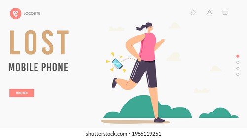 Female Character Lose Smartphone during Jogging Exercise in Park Landing Page Template. Sportswoman Ignore Mobile Phone Fall Down on Ground during Running Activity. Cartoon People Vector Illustration