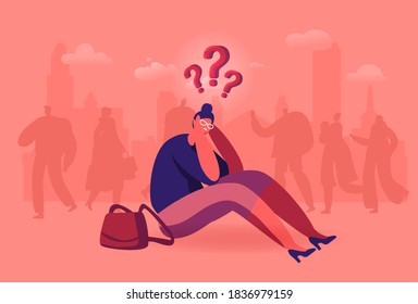 Female Character Lost in Crowd Concept, Frustrated Woman Sitting on Ground Surrounded with People in Big City. Social Problem, Behavior in Stress Situation, Frustration. Cartoon Vector Illustration