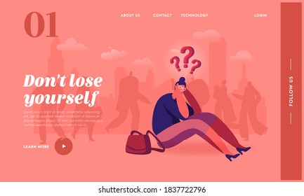 Female Character Lost in Crowd Landing Page Template. Frustrated Woman Sitting on Ground Surrounded with People in Big City. Social Problem, Behavior in Stress Situation. Cartoon Vector Illustration