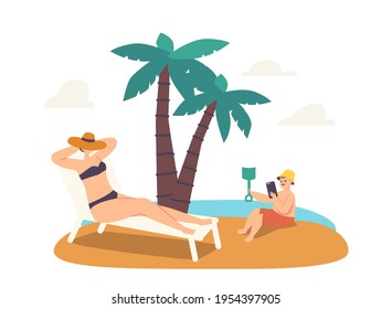 Female Character Lost Phone Concept. Relaxed Woman Tanning on Chaise Longue while her Little Child Playing with Expensive Smartphone Digging into Sand on Beach. Cartoon People Vector Illustration