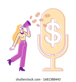 Female Character with Loudspeaker Stand at Huge Microphone with Dollar Signs go out of Megaphone. Money Talks and Financial Radio or Tv Program Broadcasting, Announcement. Linear Vector Illustration