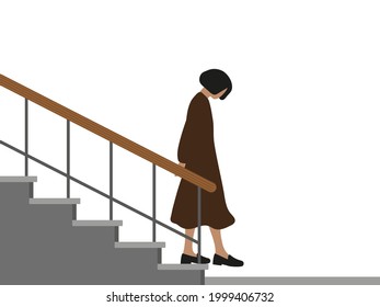 Female character with lowered head descends the stairs on a white background