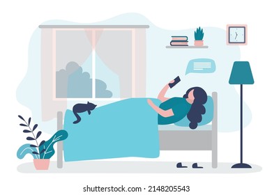 Female character lying in bed with phone. Woman after waking up checks messages. Bedroom interior. Girl communicates on social networks. Beginning of new day. Modern lifestyle. Vector illustration