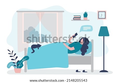 Female character lying in bed with phone. Woman after waking up checks messages. Bedroom interior. Girl communicates on social networks. Beginning of new day. Modern lifestyle. Vector illustration