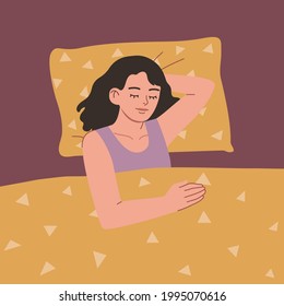 Female character lying in bed. Young woman sleeping. Hand drawn vector cartoon style illustration