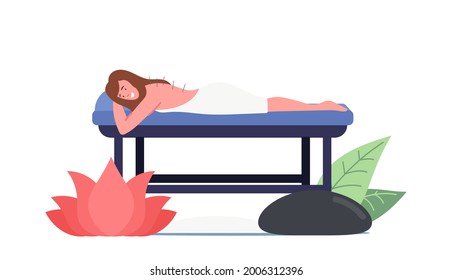 Personaje femenino que descansa sobre un sofá con agujas apuntadas en la aplicación de la terapia de acupuntura. Forma de medicina alternativa. Medicina tradicional china para la prevención de enfermedades. Ilustración del vector de dibujos animados