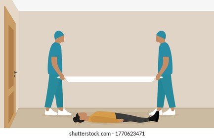 Female character lying on the floor and two orderlies with a stretcher in an empty room with an entrance door