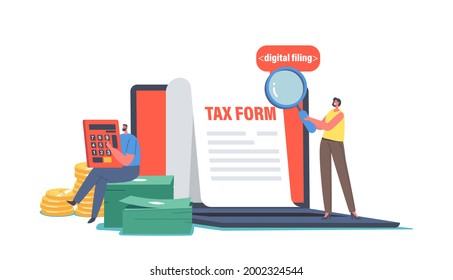 Female Character with Magnifier Look on Tax Form, Man Make Payment Calculation with Huge Calculator and Money. Taxation Service, Government State Taxes, Financial Calendar. Cartoon Vector Illustration