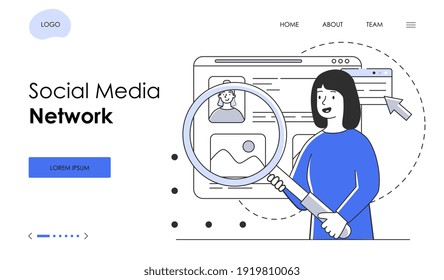 Female character with magnifier showing presentation slide of social media network. Business presentations for meeting. Website, web page, landing page template. Flat cartoon vector illustration