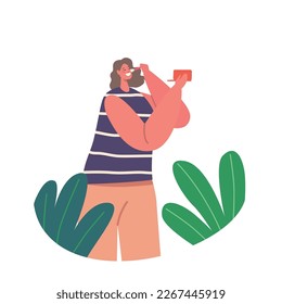 Female Character Make Up Procedure. Young Adorable Woman Holding Powder Box with Mirror Refreshing Makeup Or Preen. Concept of Face Beauty, Care, Daily Routine. Cartoon Vector Illustration