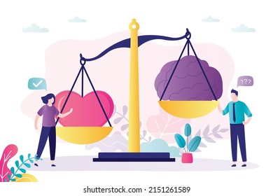 Female character makes decisions based on feelings. Scales with heart and brain. Building healthy relationship with your partner. Man chooses according to logic and reason. Flat vector illustration