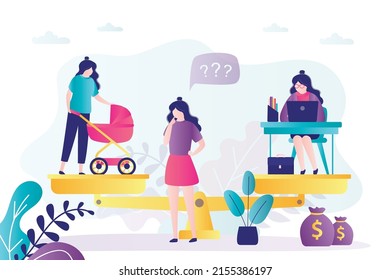 Der weibliche Charakter macht eine schwierige Entscheidung. Mädchen wählt zwischen Familie und Karriere. Mutter mit Kind, Geschäftsfrau auf Waage. Wahl zwischen Arbeit, Mutterschaft. Problem der Wahl. Vektorgrafik