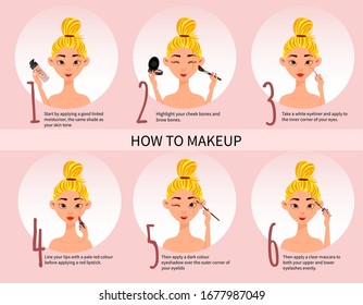 Female character with makeup scheme and makeup kit. Cartoon style. Vector illustration