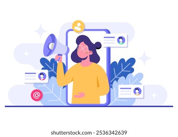 Female character making announcement on phone screen, Email marketing flat illustration, Online business strategy, Advertising, Email newsletter, messaging concept for web banner, infographic