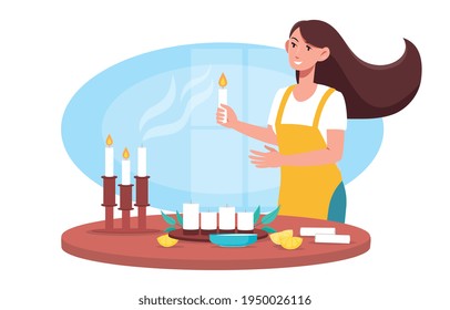 Female character making candles with ingredients for handmade candles. Smiling woman uses oils, wax, herbs for interesting hobby. Concept of master classes, workshop. Flat cartoon vector illustration