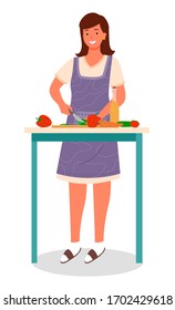 Female character making dish of fresh ingredients, isolated woman cutting veggies in pieces. Person using sharp knife to chop tomato, carrot and bell pepper. Cooking at home, vector in flat style