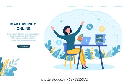 Female character is making money online. Happy woman working on laptop near safe full of money. Website, web page, landing page template. Flat cartoon vector illustration