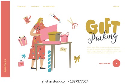 Vorlage für weibliche Zeichenerstellung und Verpackung von Geschenken Landing Page. Frauenkisten mit dekorativem Papier und Bögen. Vorträge zum Geburtstag, Valentinstag oder Jahrestag. Lineare Vektorgrafik