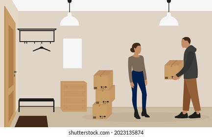 Female character and male character with cardboard boxes in hallway