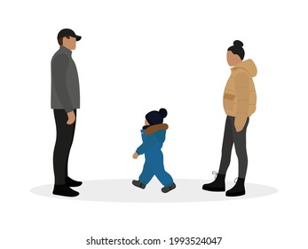 Female character, male character and child in warm clothes together on a white background