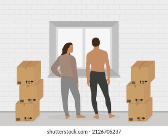 A female character and a male character in home clothes are standing near a window with cardboard boxes