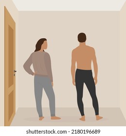 Female character and male character in home clothes and barefoot together in the room