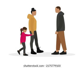 Female character, male character and little girl together on a white background