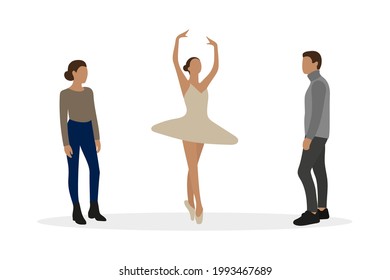 Carácter femenino y personaje masculino mira a una bailarina de fondo blanco